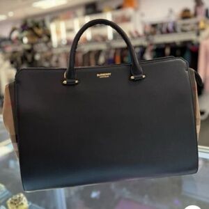 Pre Owned Burberry Satchel Bag w Strap Black Leather & Canvas Sides w Dustbag